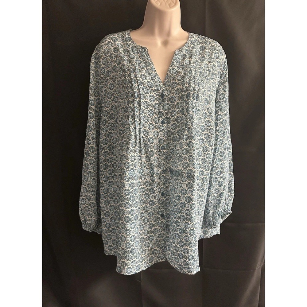 New 14W Terra & Sky Blue/White Geometric Print Long Sleeve Blouse #1825*8